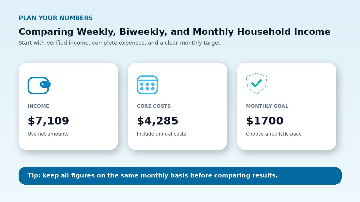 Budget planning inputs infographic for Comparing Weekly, Biweekly, and Monthly Household Income