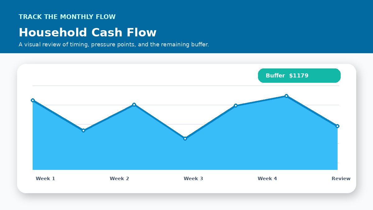 Monthly cash flow timeline infographic for Comparing Weekly, Biweekly, and Monthly Household Income
