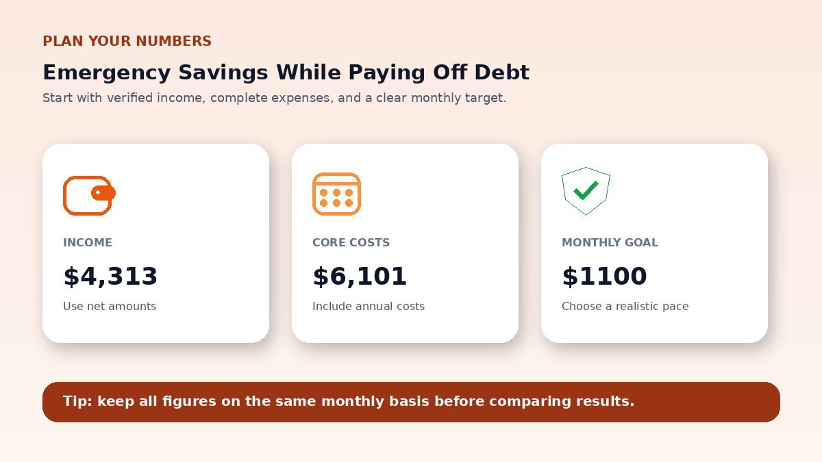 Budget planning inputs infographic for Emergency Savings While Paying Off Debt