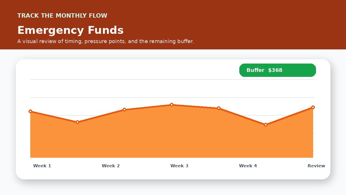 Monthly cash flow timeline infographic for Emergency Savings While Paying Off Debt