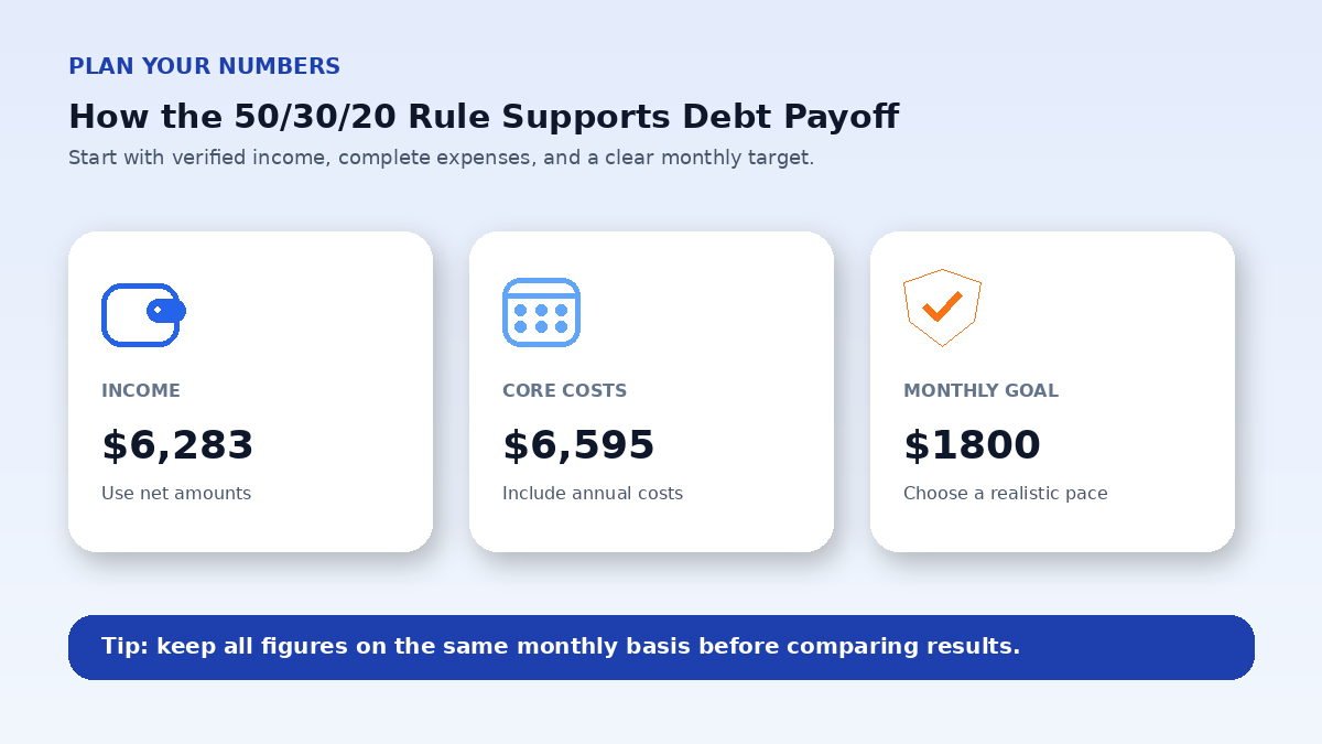 Budget planning inputs infographic for How the 50/30/20 Rule Supports Debt Payoff
