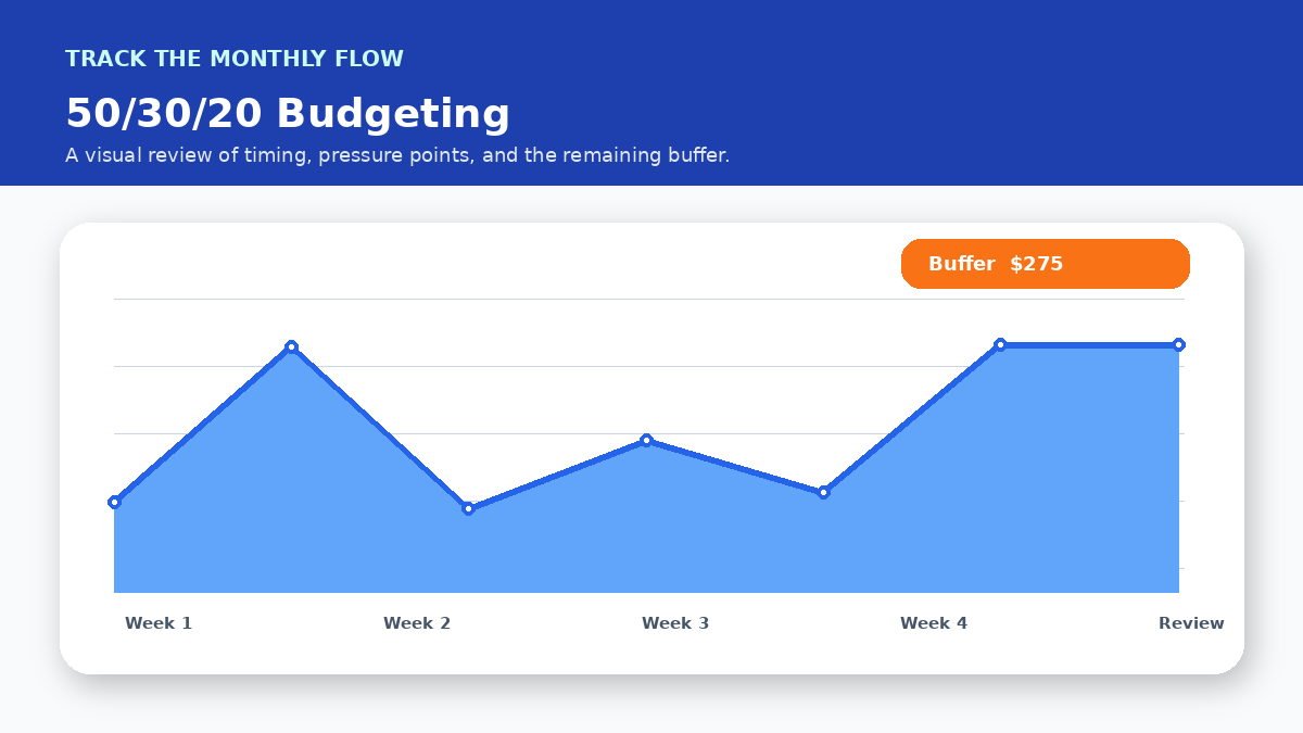 Monthly cash flow timeline infographic for How to Adapt the 50/30/20 Rule in a High-Cost City