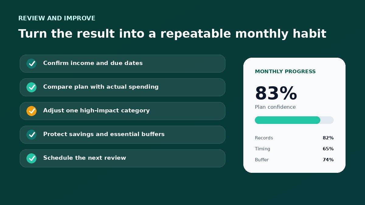Budget review checklist infographic for How to Build a Monthly Budget That Actually Works