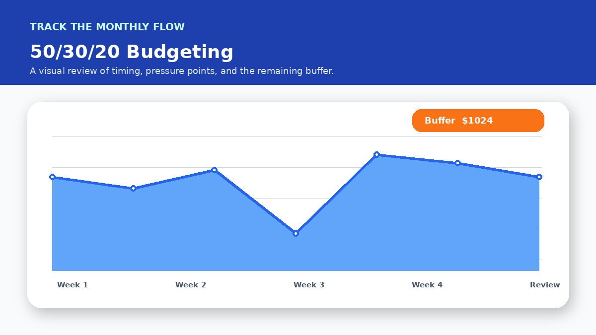 Monthly cash flow timeline infographic for The 50/30/20 Budget Rule Explained With Real Numbers
