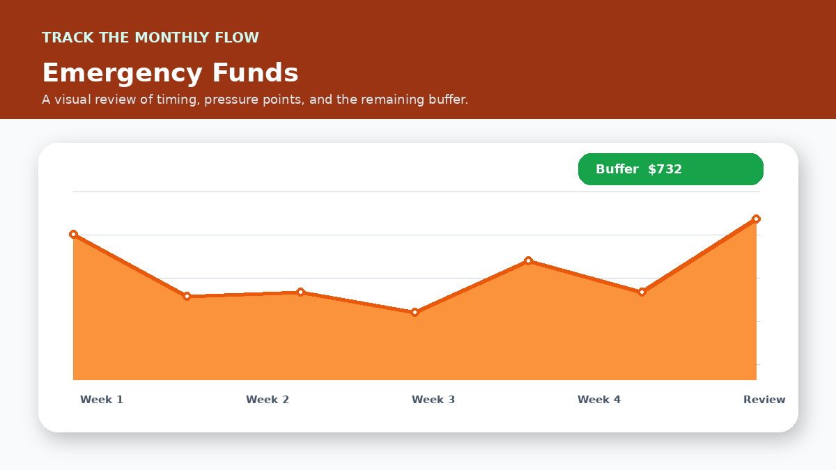 Monthly cash flow timeline infographic for Three, Six, or Twelve Months of Emergency Savings