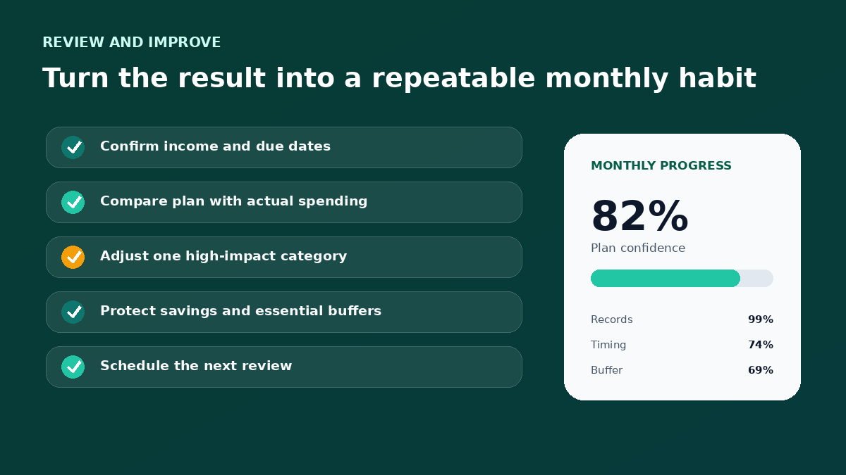 Budget review checklist infographic for Your First Monthly Budget: A Beginner-Friendly Plan